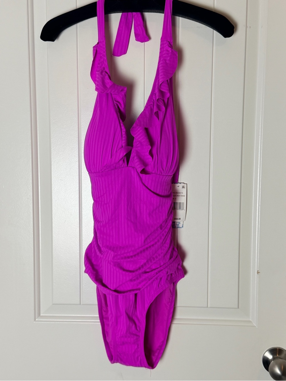 Womens' Magenta Ruffled One-Piece Swimsuit; halter neckline.